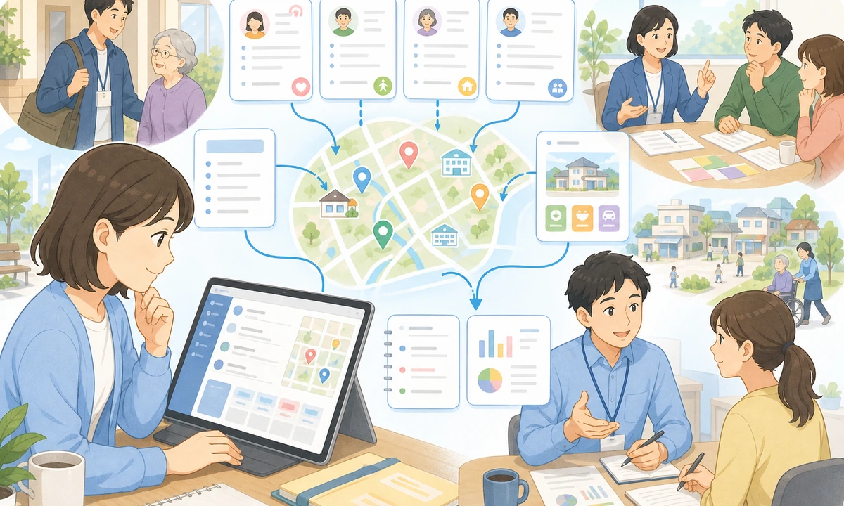 HAPPYで相談記録と地域資源を地図で整理するイメージ