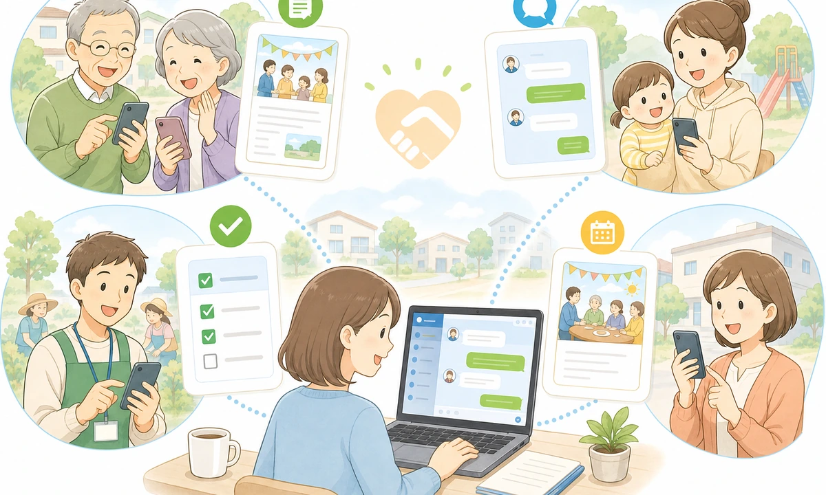 HAPPYで地域の方とLINEを通じてつながるイメージ
